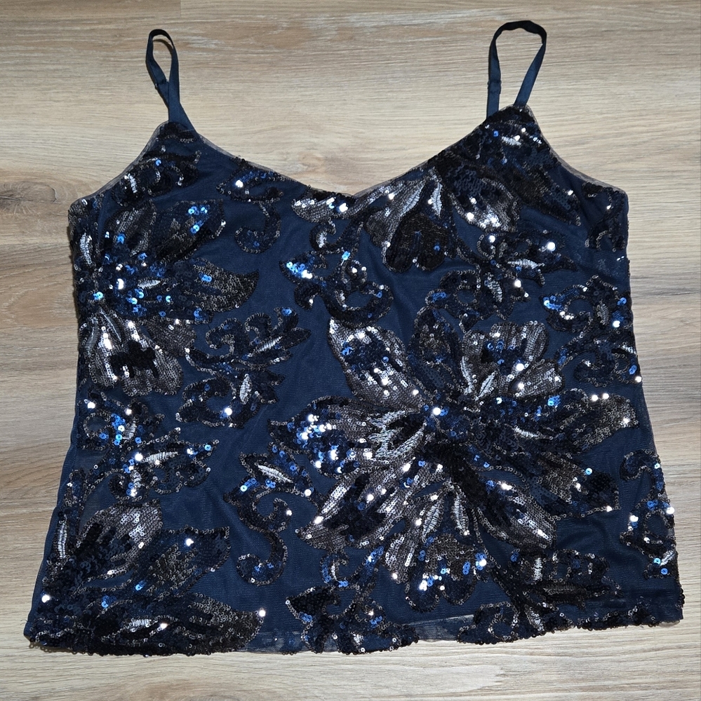 White House Black Market Black and Blue Sequin Camisole